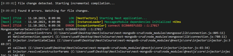 MongoServerSelectionError - connect ECONNREFUSED ::1:27017